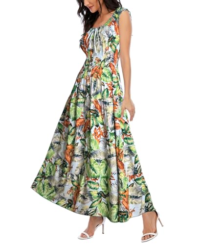 Women's 2026 Summer Boho Floral Print Tiered Casual Flowy Long Maxi Dress - color: Green Leafy Flower, size: Medium