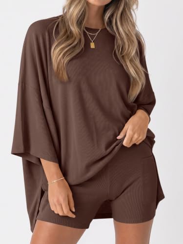 Fisoew Womens 2 Piece Lounge Set Ribbed Oversized T-Shirt Biker Shorts - color: Brown, size: Small