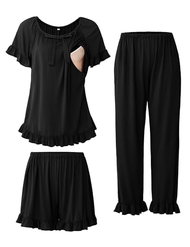 SUNNYBUY 3 PCS Ruffle Nursing Pajamas Set with Bow, Maternity Sleepwear - color: Black, size: XX-Large