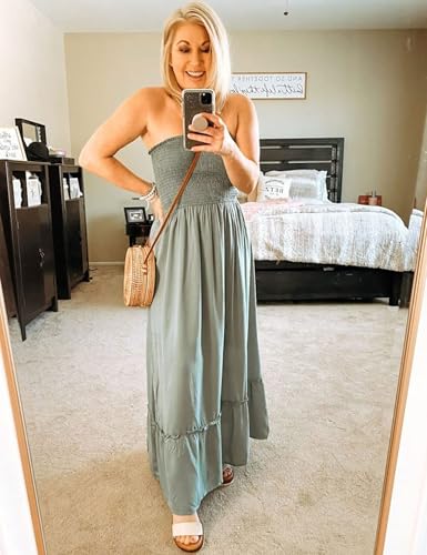 Tobrief Women's Boho Dress Summer Spaghetti Strap Square Neck Flowy Ruffle Beach Long Maxi Dress - color: 05 Green, size: Small