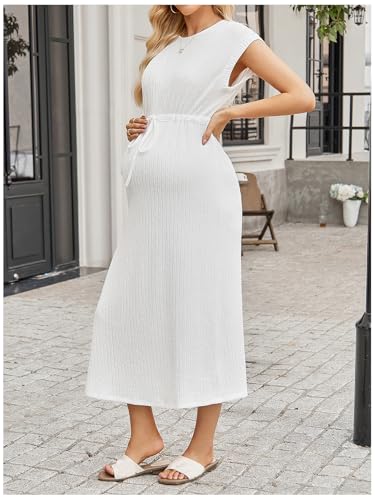 OYOANGLE Women's Maternity Summer Casual Short Sleeve Long Midi Dress - color: Khaki, size: X-Large