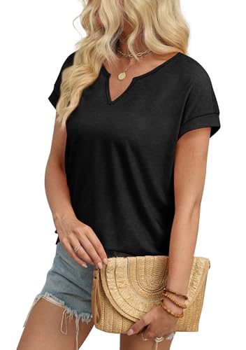 WIHOLL Womens Summer Tops 2026 Cap Short Sleeve Shirts V Neck Tshirts Spring Blouses Beach Vacation Clothes - color: Solid Black, size: Large