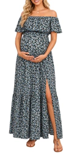 Talisea Maternity Off Shoulder Ruffle Maxi Dress Pregnancy Baby Shower - color: Black Floral, size: X-Large
