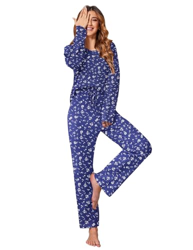 Ekouaer Waffle Knit Pajama Sets Comfy Lounge Sets 2 Piece Matching Pj Sets - color: Blue Floral Print, size: Small