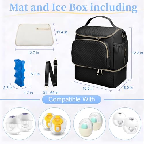 Wearable Breast Pump Bag with Cooler Compartment & Ice Pack & Mat - color: Black