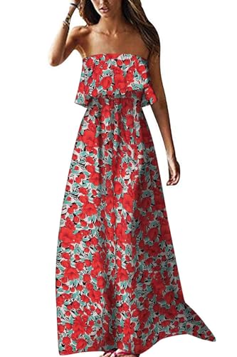 ZMPSIISA Womens Summer Off Shoulder Maxi Dress Strapless Boho Long Dresses - color: A-flower Red, size: Medium