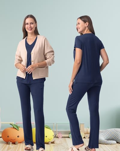 Rnxrbb 3 PCS Women Nursing Pajamas Set Postpartum Maternity Pj with Pockets - color: Navy, size: Medium