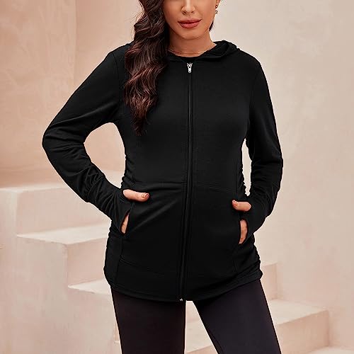 DEBELLY Maternity Sweatshirt Zip Up Hoodie Pockets Pregnancy Postpartum - color: Black, size: Large