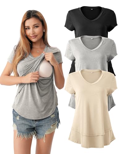SUNNYBUY 3 Pack Maternity Nursing Tops for Postpartum Breastfeeding Shirts - color: Black+light Gray+khaki, size: XX-Large