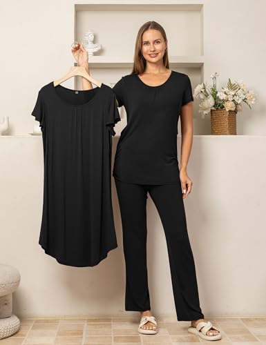 SUNNYBUY 3 PCS Maternity Nursing Sleepwear Set with Nightgown, Top & Pants - color: Black, size: Small