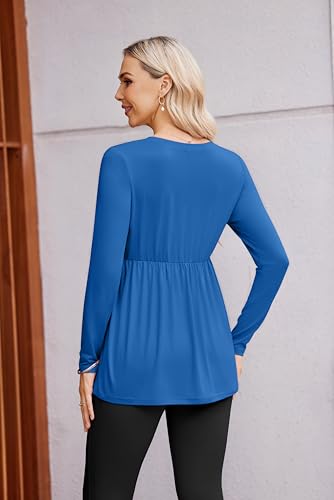Ekouaer Maternity Shirts for Women Long Sleeve V Neck Fall Tops Clothes - color: Blue, size: Small