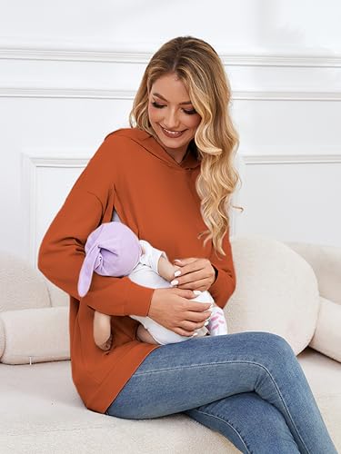 Ecavus Womens Nursing Sweatshirts for Breastfeeding Hidden Zipper Hoodie - color: Bronze, size: Small