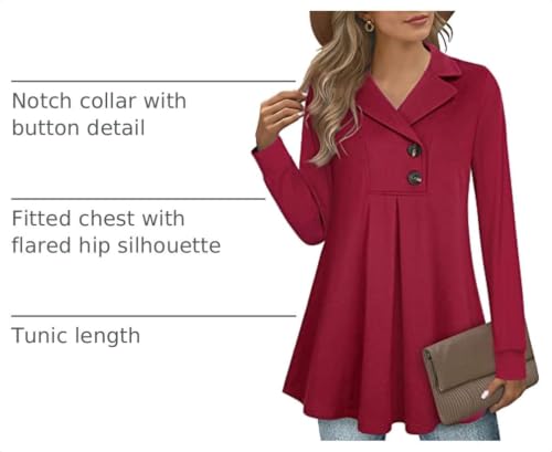Gaharu Women's Swing Tunic Notch Collar Ladies Button Sweatshirt Long Sleeve Pullover Shirt Tops - color: Berry Red, size: Large