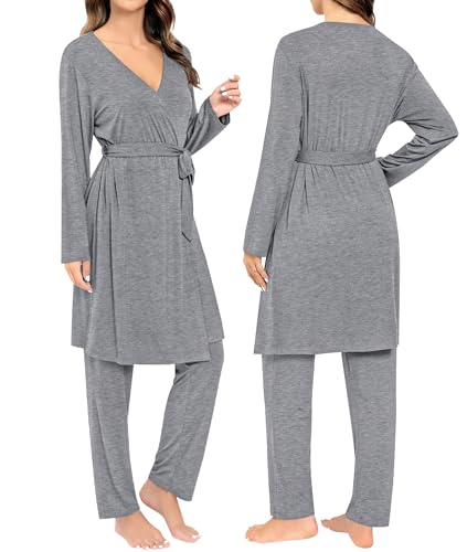 SWOMOG Maternity Nursing Robe Set 3 Piece Breastfeeding Pajamas 3 in 1 Labor Delivery Sleevless Tops&Long Pants Pregnancy Pjs - color: Grey, size: Medium