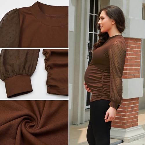 Bhome Mock Neck Maternity Shirt Ribbed Knit Maternity Blouse Mesh Long Sleeve Fitted Pregnant Top - color: Chocolate, size: Medium