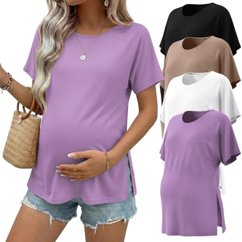 Ekouaer 4 Pack Maternity Shirts Short Sleeve Pregnancy Casual Tunic Tops - color: Black/Khaki/Light Purple/White, size: Medium