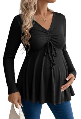 Genhoo Womens Long Sleeve Maternity Tops Ribbed V Neck Maternity Shirts - color: Black, size: Small