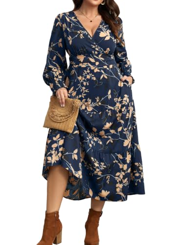 RWJ Women's Plus Size Fall Wedding Guest Dress Long Sleeve Maxi with Pocket - color: Navy Blue Floral, size: 3X-Large Plus