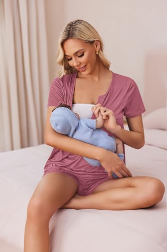 Ekouaer Women Maternity Nursing Pajama Sets Short Sleeve Postpartum Pajamas - color: Grey Red, size: X-Large