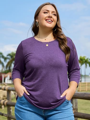 ZDC Womens Plus Size Shirts 3/4 Sleeve Tops Casual Crew Neck Blouse - color: Purple, size: X-Large