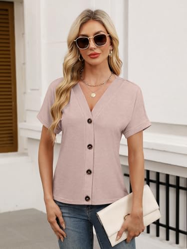 TICTICMISS Womens Summer Tops Short Sleeve Button Down V Neck T Shirts - color: Apricot, size: X-Large