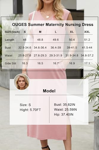 OUGES Women's Anti-Wrinkle Airy Layer Summer Maternity Dress V Neck Split Midi Nursing Dresses with Pockets 2026 - color: Pink, size: X-Large