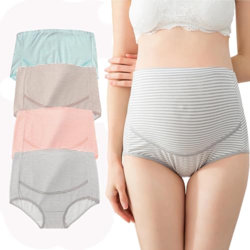 Maternity Cotton Underwear High Waist Adjustable Pregnancy Seamless Soft Hipster Panties Over Bump 4-Pack - color: Classic Stripes(4 Pack), size: Large