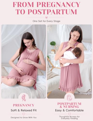 Maternity Nursing Gown & Robe Set, Ruffle Labor Delivery Nightgowns - color: Dusty Rose, size: X-Large