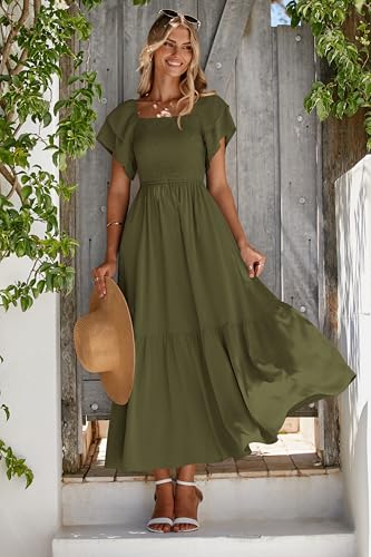 MASCOMODA Womens Summer Casual Smocked Flowy Midi Dress - color: Army Green, size: Small