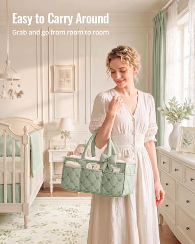 Blissful Diary Baby Diaper Caddy Organizer, Nursery Basket, Bow Sage Green - color: Bow Sage Green