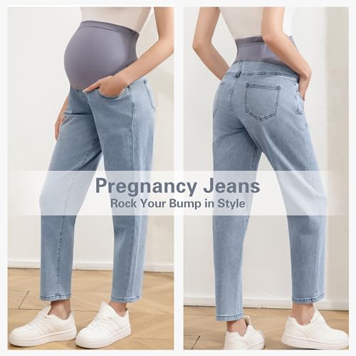 Women's Maternity Jeans Over Belly, Comfy Stretch Boyfriend Jeans, Loose Pregnancy Pants with Pockets - size: XX-Large