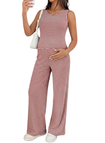 BLENCOT Maternity Clothes Striped Sleeveless Sets Casual 2 Piece Outfits - color: Red Stripe, size: Large