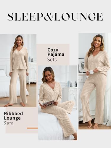 ANRABESS Womens Lounge Set 2 Piece Pajama Sets Ribbed Knit Matching Set - color: Light Khaki, size: Medium