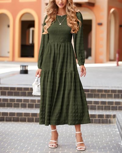 dowerme Women's Dresses 2026 Spring Puff Long Sleeve Crewneck Smocked Tiered Flowy A-Line Boho Wedding Party Maxi Dress - color: Army Green, size: Small
