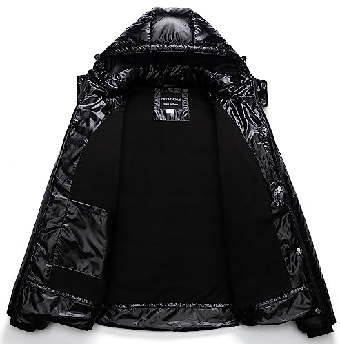 CREATMO US Women's Plus Size Warm Puffer Jacket Waterproof Fleece Lined Winter Coat with Removable Hood - color: Shiny Black, size: 4X