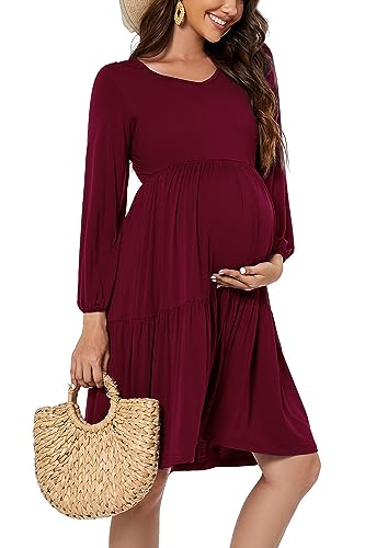 Smallshow Women's Maternity Dress Ruffle Long Sleeve Pregnancy Clothes - color: Maroon, size: Medium