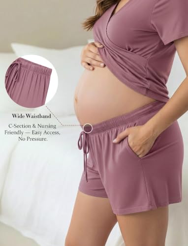 PATPAT 3-Piece Maternity Nursing Pajamas, Womens Lounge Set with Pockets - color: Rust Red, size: Large