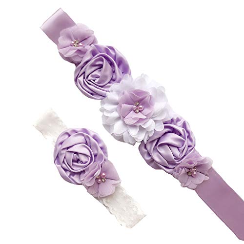 Lauthen.S Maternity Flower Sash Belt Headband Set, Women Girls Wedding Baby Shower Sash - color: Lavender