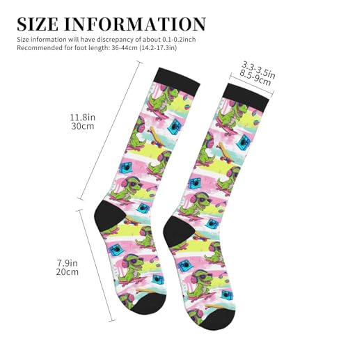 bassyil Compression Socks for Women & Men Circulation 15-20 mmHg Knee High Best Support for Nurses Travel Running Athletic - color: Dinosaur Skateboard