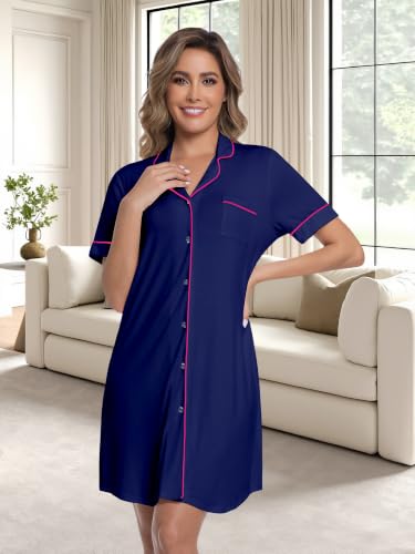 Womens Nightgown Bamboo Viscose Button Down Night Gowns - color: Blue With Magenta Piping, size: Small