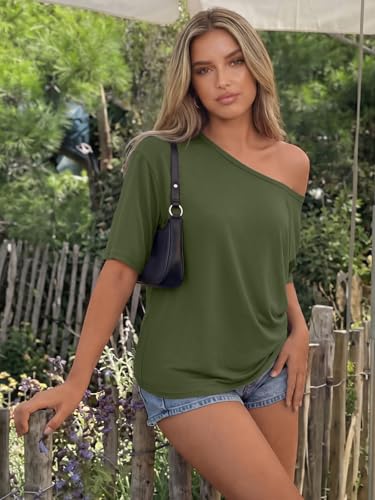 Trendy Queen Womens Off the Shoulder Tops Oversized Summer T-Shirts 2026 - color: Armygreen, size: Small