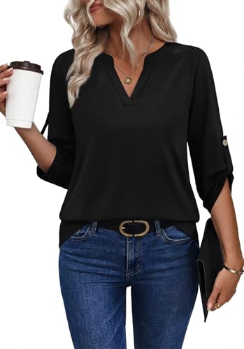 XIEERDUO 3/4 Length Sleeve Womens Tops V Neck T Shirts Both Side Buttons Blouses Business Casual Outfits Loose Fit - color: Black, size: Large