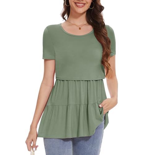 Bearsland Short Sleeve Nursing Top - color: Grayish Green & Rose Pink & Brown Flowers, size: Small