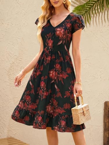 FENSACE Tulip Sleeve V Neck Button Down Dress with Pockets - color: Black Red Floral-4, size: X-Large