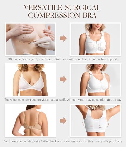BRABIC Zip Front Closure Everyday Bras for Women Post Sugery Compression - color: White, size: X-Small
