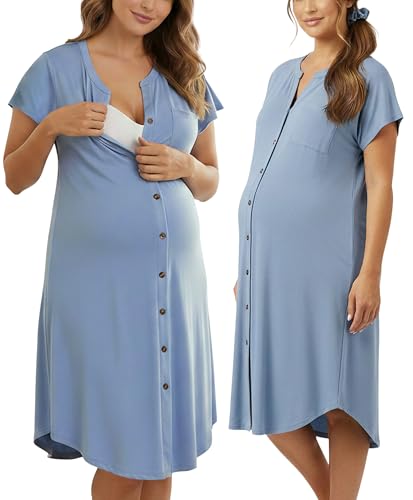 PATPAT Maternity Nursing Dress, Womens Button-Down Midi Dress with Pockets - color: Dusty Blue, size: X-Large