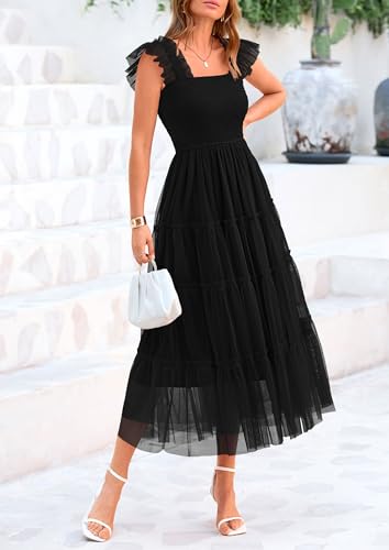 PRETTYGARDEN Women's Summer Smocked Midi Tulle Dress - color: Black, size: Small