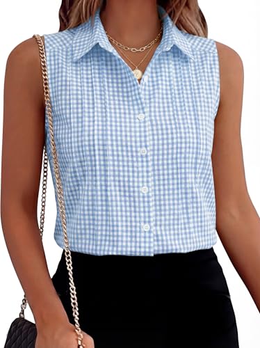 LOMON Women’s Summer Sleeveless Button Down Shirt Office Collared Blouses with Pleated Front Casual Basic Tank Tops - color: Blue and White Plaid(cotton), size: X-Large