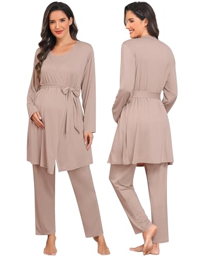 SWOMOG Maternity Nursing Robe Set 3 PCS Postpartum Breastfeeding Pajamas Lounge Hospital Pregnancy Pjs with Robe - color: Light Brown, size: Medium