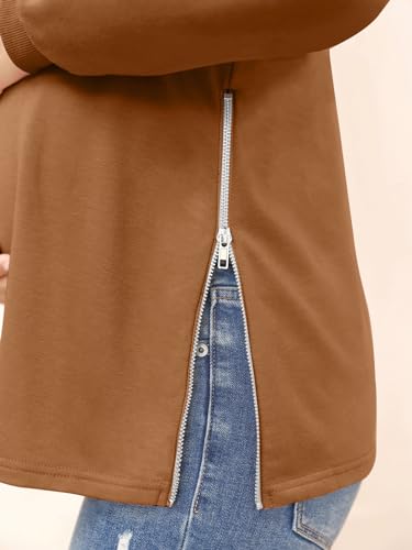 Women's Maternity Shirts Long Sleeve Sweatshirt Zipper Split Side Pregnancy Casual Tunic Top - color: Coffee, size: Medium